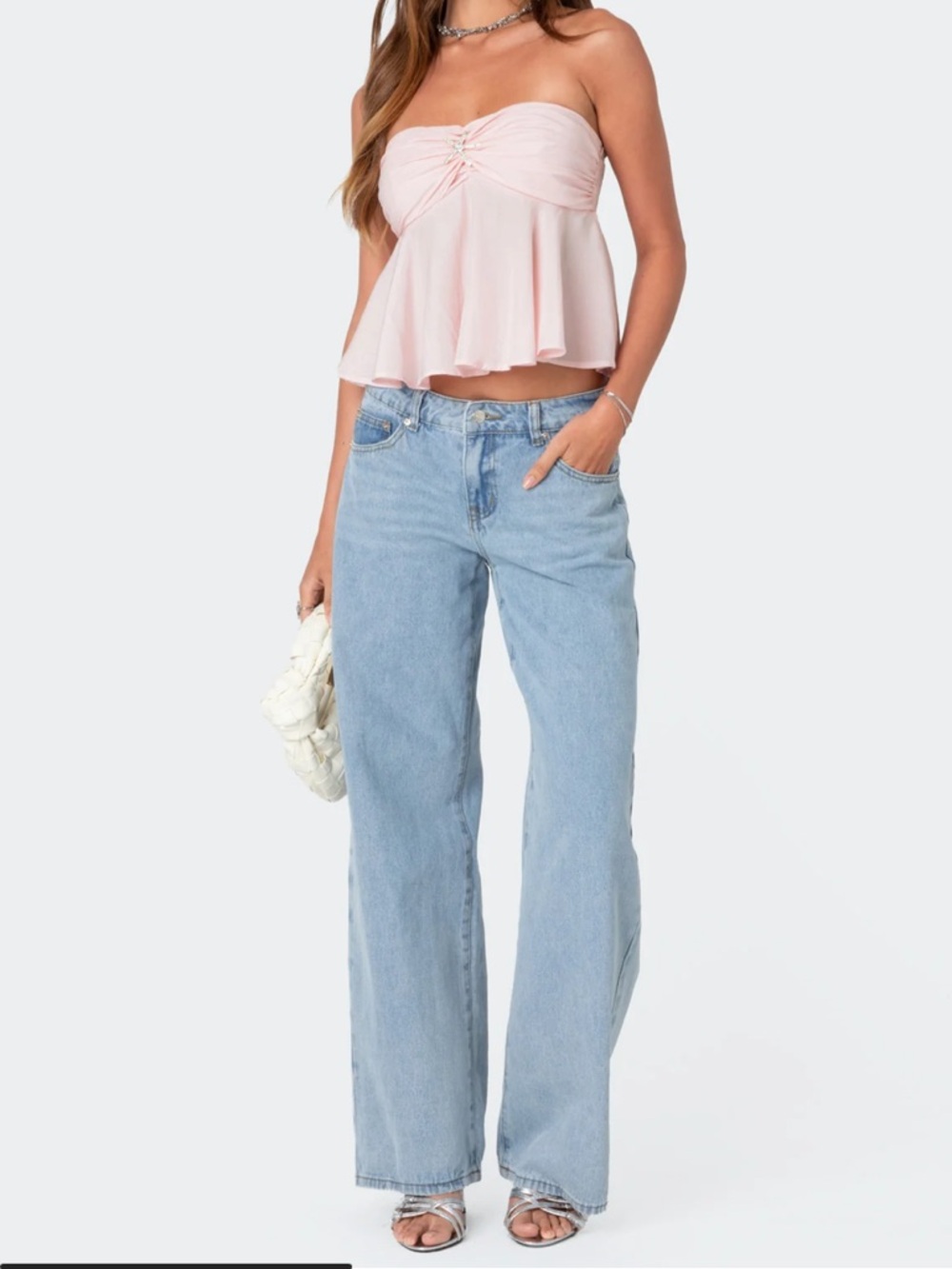 Edikted Pale Pink Strapless Flare Top